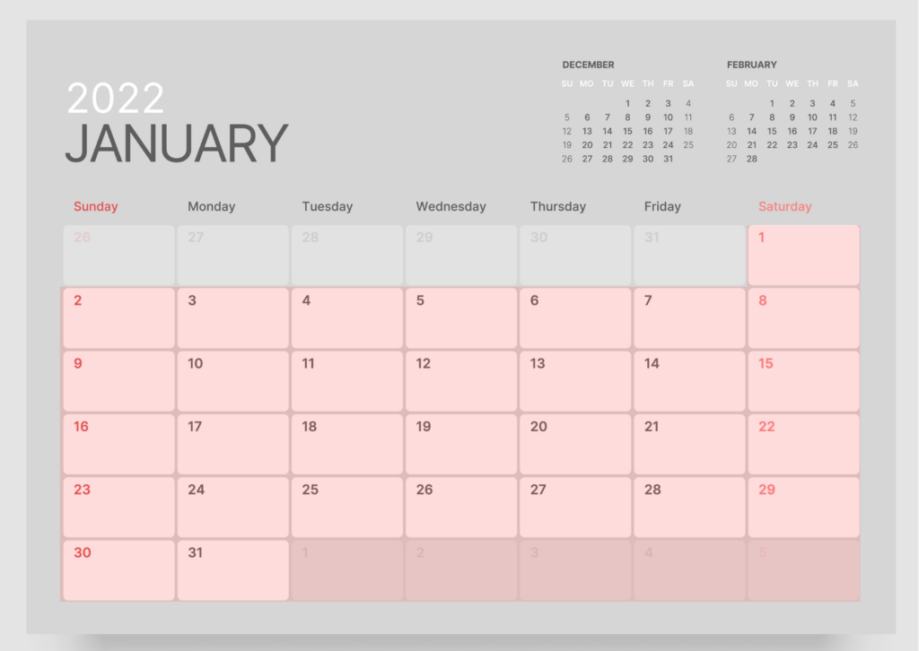 Kalenteri, jossa punaisella kuukauden hakujakso ja lisäksi kuun viimeinen kalenteriviikko